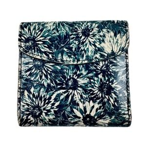 Patricia Nash Leather Floral Sunflower Print Tri Fold Wallet Kiss Lock Compact